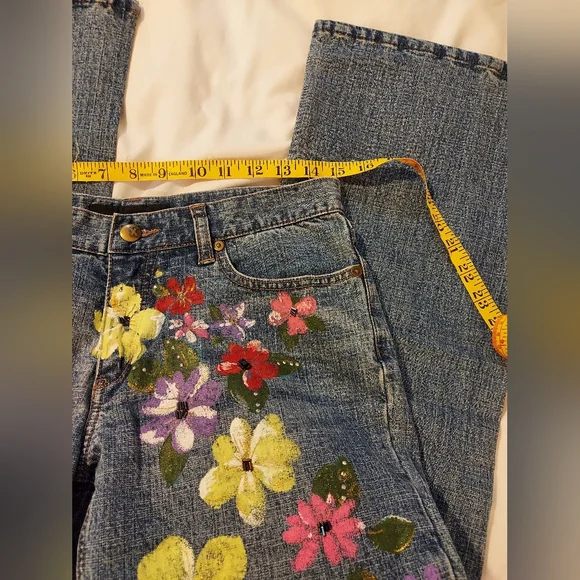 Express Denim Jeans with Painted Vibrant Floral And Beaded Design - Picture 4 of 8